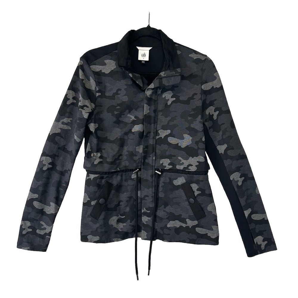 Cabi ATC Camo Jacket Womens Sz S Gray Black Drawstring Cinch Waist 3911 Utility